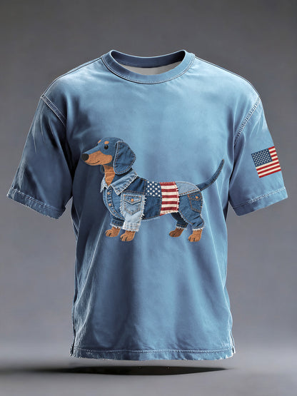 Denim Patchwork Art Dachshund Dog Pattern Washed T-Shirt For Men