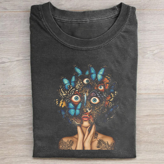 Unisex Crewneck Black T-Shirt with Colorful Butterfly Face Print for Casual Wear