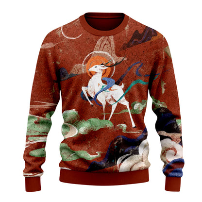 Dunhuang Art Mythical Deer and Clouds Print Sweater