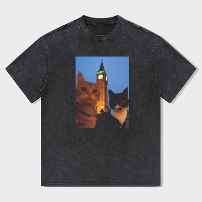 Cats and Clock Tower Graphic T-Shirt