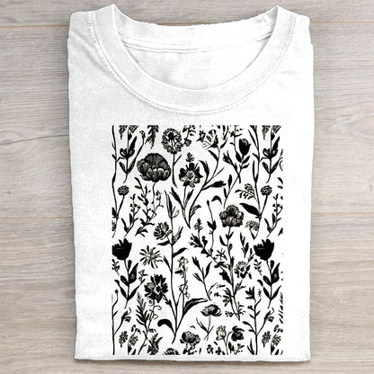 Black and White Floral Pattern T-Shirt