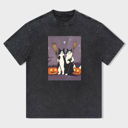 Halloween Cat Pumpkin Graphic Tee for Women Men Unisex Casual Cotton T-Shirt
