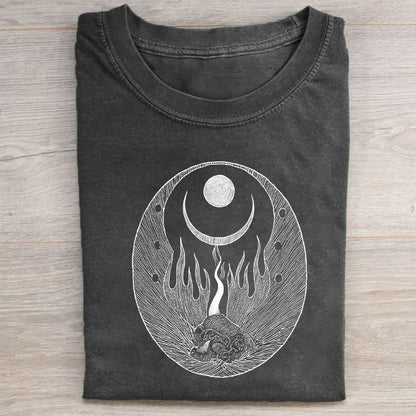 Black Graphic T-Shirt with Crescent Moon and Hedgehog Design