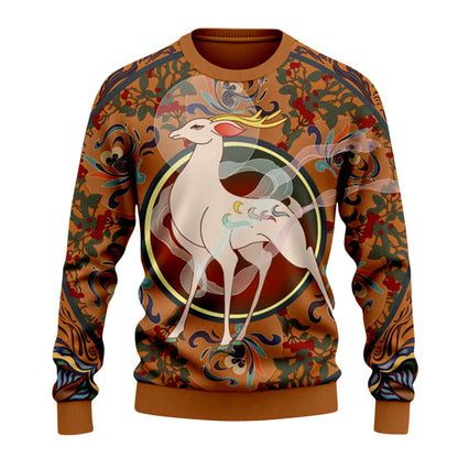 Dunhuang Art Mythical Unicorn and Peacock Floral Print Crewneck Sweater