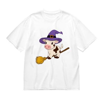 Cute Cow Witch Halloween Costume Graphic Print T-Shirt