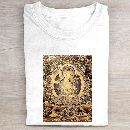 Buddhist Deity Art Print T-Shirt for Men Women  Spiritual Meditation Clothing  Unique Design Graphic Tee  Comfortable Casual Wear  Gold and Brown Pattern Top