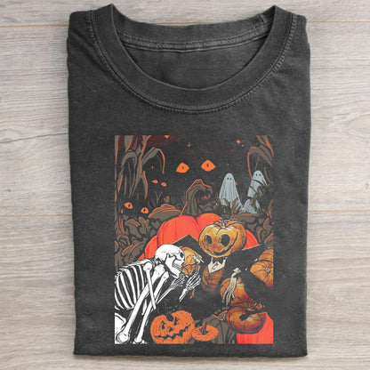 Halloween Pumpkin Ghosts and Skeletons Graphic Print T-Shirt