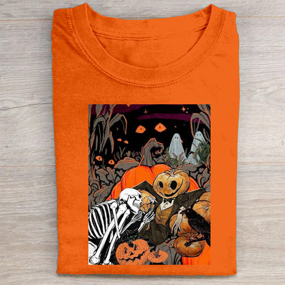 Halloween Pumpkin Ghosts and Skeletons Graphic Print T-Shirt