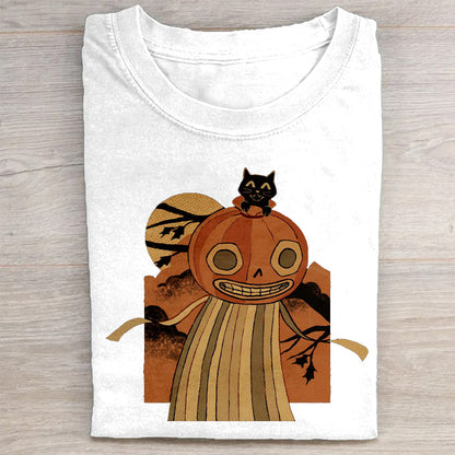 Halloween Pumpkin Cat Moon Night Graphic Print T-Shirt