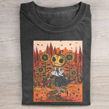 Pumpkin Head Sunflower Field Halloween Art Print T-Shirt