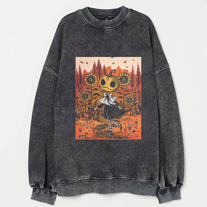 Pumpkin Head Sunflower Field Halloween Art Print T-Shirt