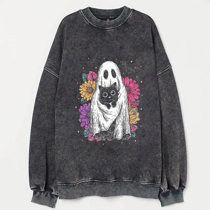 Cute Ghost Holding Black Cat with Floral Background Graphic T-Shirt