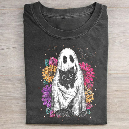 Cute Ghost Holding Black Cat with Floral Background Graphic T-Shirt