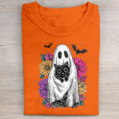 Cute Ghost Holding Black Cat with Floral Background Graphic T-Shirt
