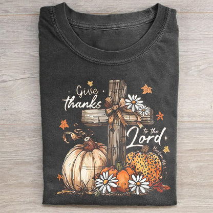 Give Thanks to the Lord Cross Pumpkin Floral Print T-Shirt