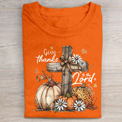 Give Thanks to the Lord Cross Pumpkin Floral Print T-Shirt
