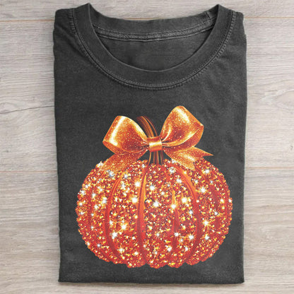 Sparkling Pumpkin with Bow Graphic T-Shirt