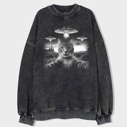 Cat Selfie With UFO Art Acid Wash Sweatshirt - heygraff