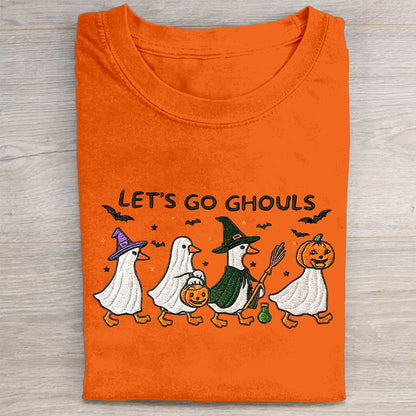 Let's Go Ghouls Halloween Ghosts and Pumpkin Graphic Print T-Shirt