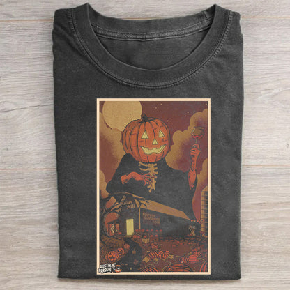 Halloween Pumpkin Skeleton House Print Graphic T-Shirt