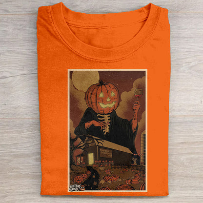 Halloween Pumpkin Skeleton House Print Graphic T-Shirt