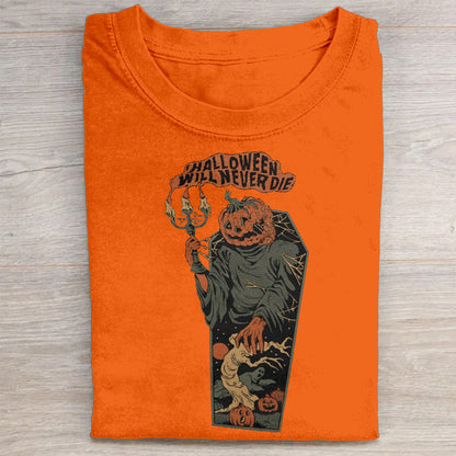 Halloween Pumpkin Coffin Skeleton Graphic T-Shirt