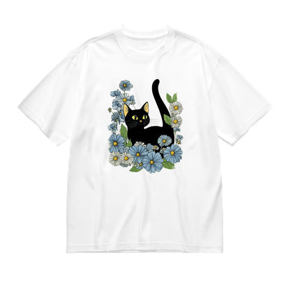 Black Cat and Blue Flowers Graphic T-Shirt