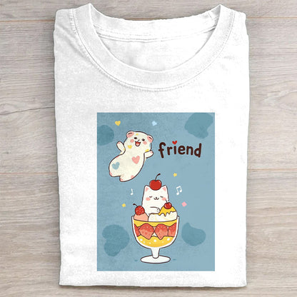 Cute Cartoon Ghost and Cat Ice Cream Bowl Design Graphic T-Shirt