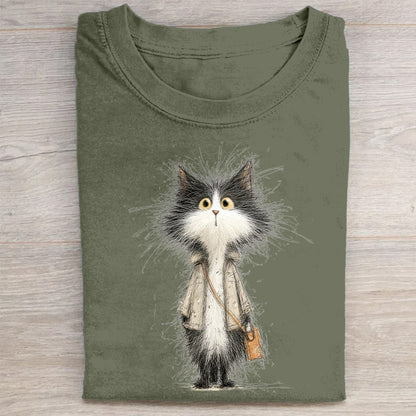 Fashionable Cat with Briefcase Graphic Print T-Shirt