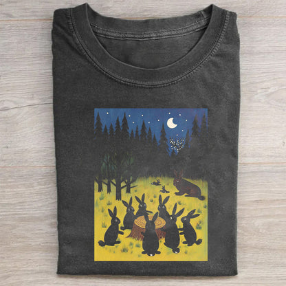 Rabbit Gathering Forest Night Scene Graphic T-Shirt