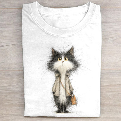 Fashionable Cat with Briefcase Graphic Print T-Shirt