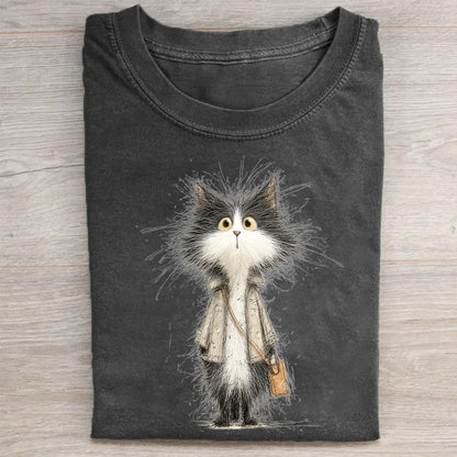 Fashionable Cat with Briefcase Graphic Print T-Shirt