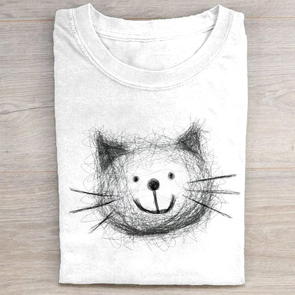 Chalk Cat Face Graphic Print T-Shirt