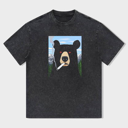 Short Sleeve Black T-Shirt with Cool Bear Smoking Design for Casual Wear