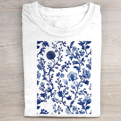 Blue Floral Pattern Short Sleeve T-Shirt