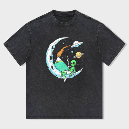 Alien on Moon with Spaceship Graphic T-Shirt