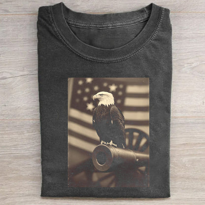 Vintage Crew Neck T-Shirt Black Eagle on Cannon with American Flag Print Casual Wear