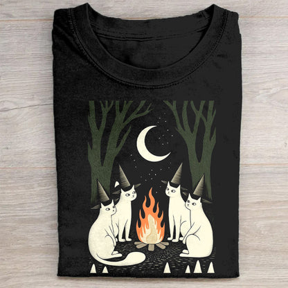 Black Graphic T-Shirt with Cats Around Campfire Design - Unisex T-Shirt