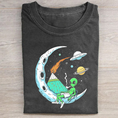 Alien on Moon with Spaceship Graphic T-Shirt
