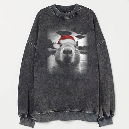 Christmas Capybara Selfle With UFO Art Acid Wash Sweatshirt - heygraff