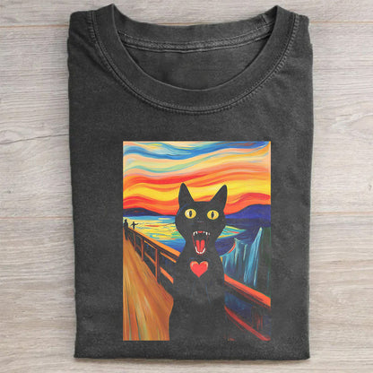 Short Sleeve Black T-Shirt with Cat Scream Art Print for Casual Wear