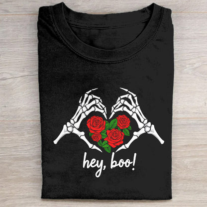 Hey Boo! Skeleton Hands with Roses Graphic T-Shirt
