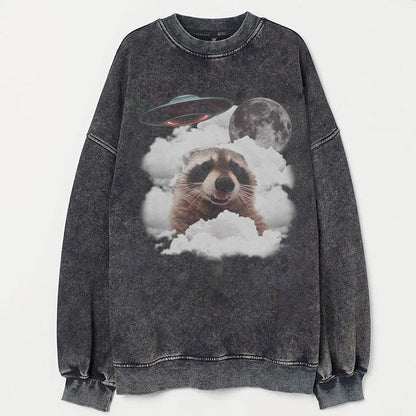 Raccoon Taking Selfie with UFOs Funny T-Shirt/Sweatshirt - heygraff