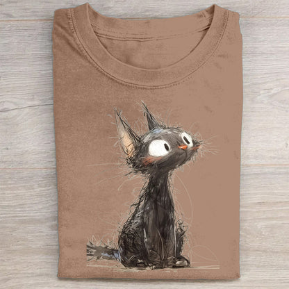 Adorable Fluffy Cat Graphic Print T-Shirt