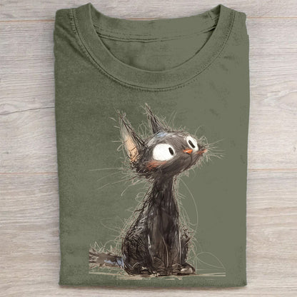 Adorable Fluffy Cat Graphic Print T-Shirt