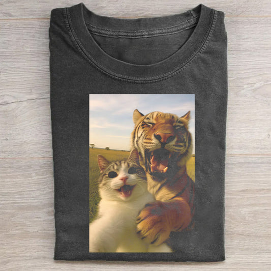 Tiger and Cat Selfie Print T-shirt