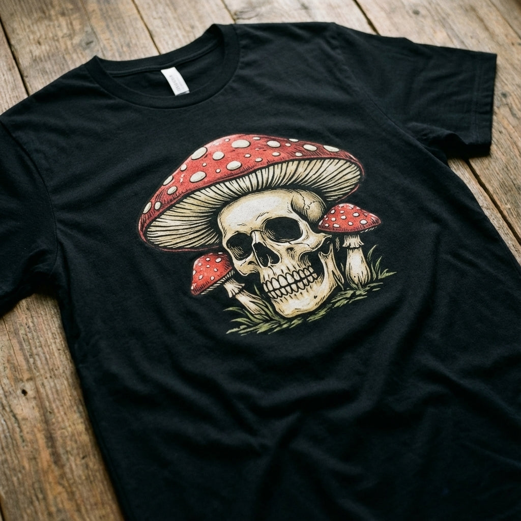 Mushroom Skull Print Pure Cotton Crew Neck T-Shirt