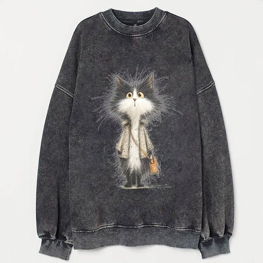 Fashionable Cat with Briefcase Graphic Print Sweatshirt