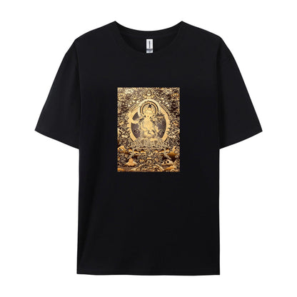 Buddhist Deity Art Print T-Shirt for Men Women  Spiritual Meditation Clothing  Unique Design Graphic Tee  Comfortable Casual Wear  Gold and Brown Pattern Top