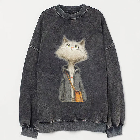 Cute Cat in Hoodie with Satchel Graphic Print Sweatshirt